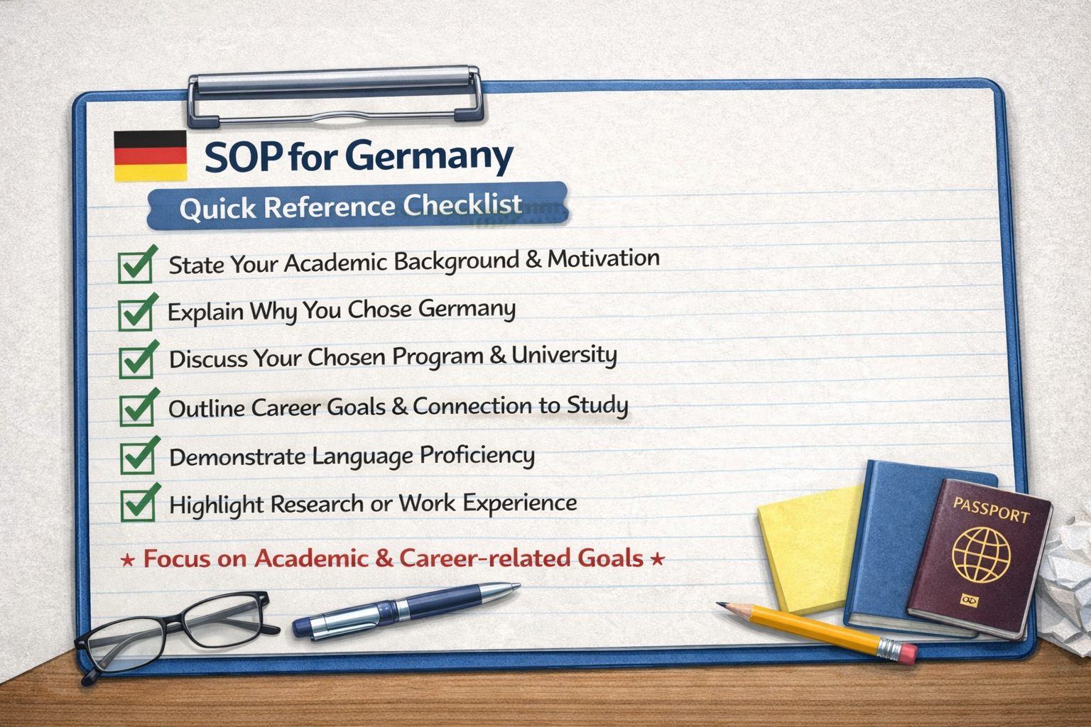 SOP for Germany quick reference checklist showing key points to include in a statement of purpose for German universities.
